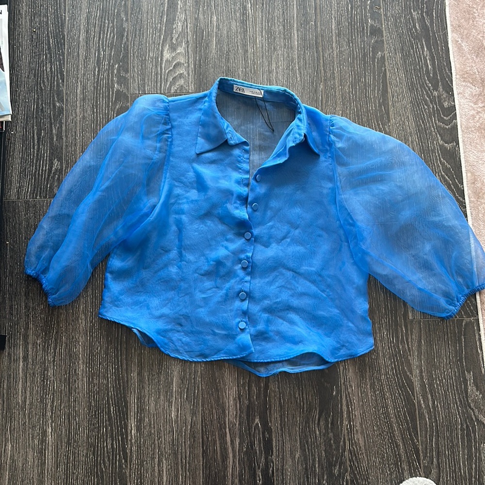 Blue Zara button up with mesh arms and back